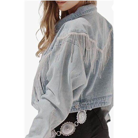 Denim Coat Jacket Women Medium Cropped Rhinestone Distressed Fringe Cowgirl - Picture 1 of 10